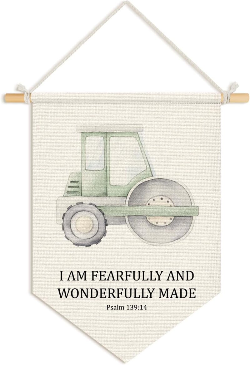 Wheatwin Christian Nursery Decor, I Am Fearfully and Wonderfully Made Construction Wall Hanging Pennant Flag Banner, Bible Verse Wall Decor for Nursery Toddler Boys Bedroom Playroom 15x11 Inch - Image 1
